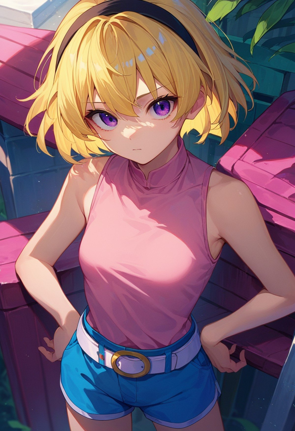 score_9, score_8_up, score_7_up, source_anime, <lora:Satoko Houjou Pony 5-000003:1>, houjou_satoko, 1girl, shorts, blonde hair, solo, hairband, shirt, sleeveless, blue shorts, short hair, belt, pink shirt, purple eyes, sleeveless shirt, black hairband, bangs, bare shoulders, white belt, small breasts