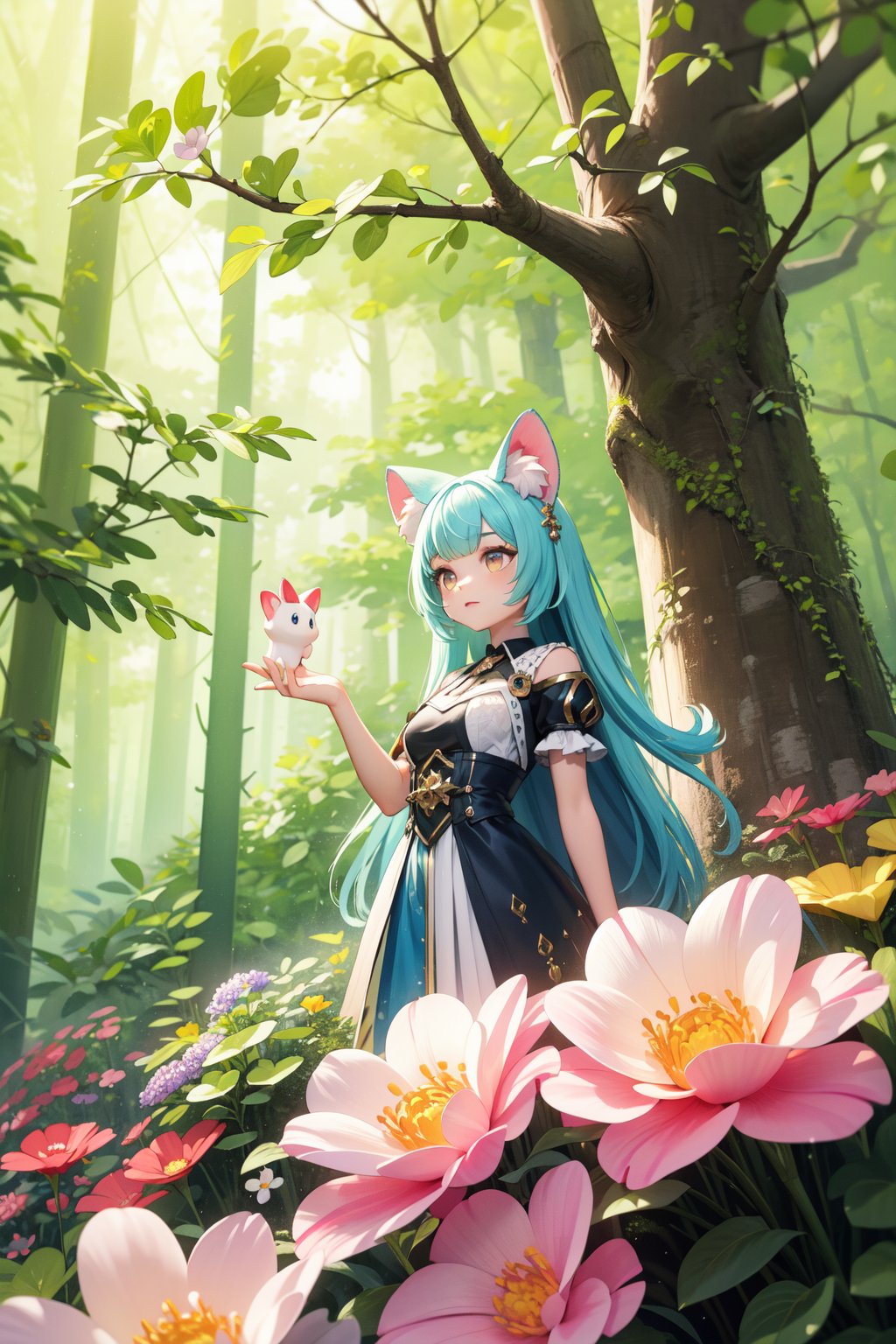 a beautiful maiden with animal ears, surrounded by a lush forest filled with colorful flowers and trees. The scene should have a whimsical and dreamy atmosphere, as if it's a fantasy world, whimsical, fantasy, forest, flowers, trees, animal ears, 3D rendering, watercolor style, pastel colors,masterpiece,best quality,very aesthetic,absurdres, masterpiece,best quality,very aesthetic,absurdres,