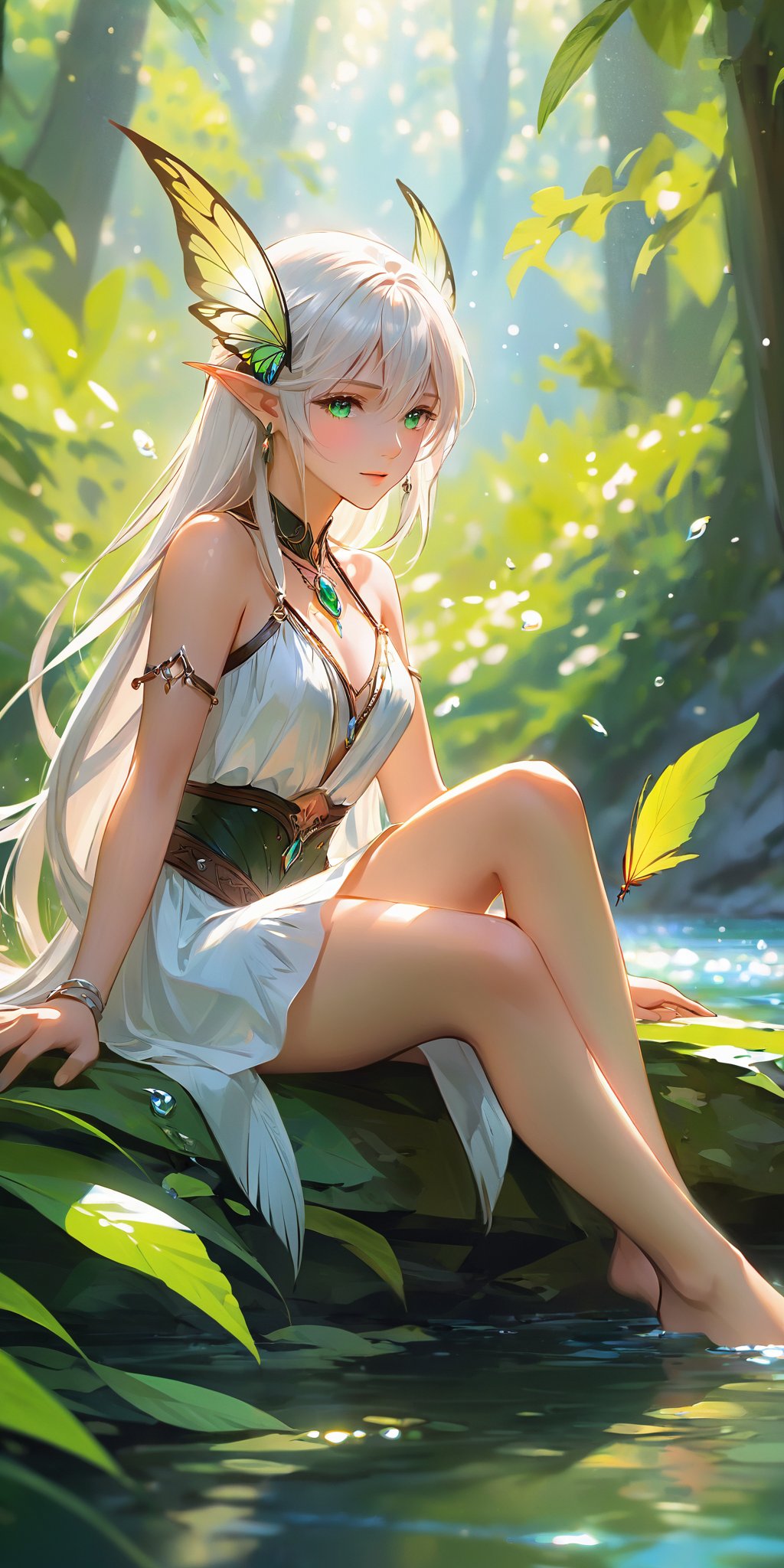 Best quality,masterpiece,((ultra-detailed)),(illustration),((anextremelydelicateandbeautiful)),dynamicangle,floating,(beautifuldetailedeyes),(detailedlight)1girl,pointyears,longhair,water,solo,elf,sitting,halfbody,whitehair,chain,greeneyes,toelesslegwear,barefoot,jewelry,lookingatviewer,feather,leaves,nature,(sunlight),river,(forest),(painting),(sketch),(bloom),(portrait:1.2),(butterflys:1.2),(tyndalleffect),obscure,