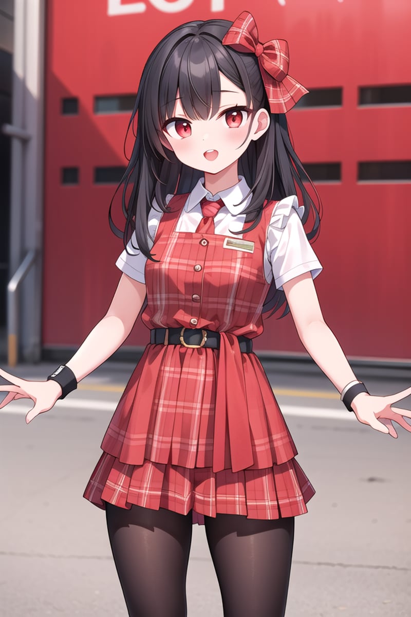 <lora:talkmouth_U_type1_v200:1>insanely detailed, absurdres, ultra-highres, ultra-detailed, best quality,1girl, solo, nice hands, perfect handsBREAK(Enchant:1.4), (red theme:1.5), ((red plaid pattern, tone on tone):1.4), (idol uniform:1.2), (fusion of sleeveless (red plaid pattern) vest and red sundress:1.4), (red tie:1.4), ((red plaid pattern) multi-layered skirt with ruffles:1.3), ((red:1.3) platform HIGH boots:1.1), (red plaid pattern ribbon on head:1.3)    BREAK    (short sleeve white collared-shirt dress layering:1.2), (black pantyhose:1.2), (belt:1.3), (wristband:1.3), (naked skin:-1), (black vest:-1), (white vest:-1), (black skirt:-1), (white skirt:-1), (cleavage:-1.5)BREAKsmile, open mouthBREAK(45 angle:-1.5), (from side:-1.5),standing, cowboy shot, looking at viewerBREAKslender, kawaii, perfect symmetrical face, ultra cute girl, ultra cute face, ultra detailed eyes, ultra detailed hair, ultra cute, ultra beautifulBREAKin schoolyard, depth of field, ultra detailed backgroundBREAKmedium large breastsBREAKblack hair, red eyes, cornrows, 