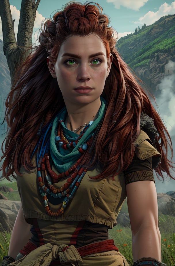 aloy,green pupils,red hair,long hair,tribal,dress,necklace,standing,upper body,outdoors,science fiction,(insanely detailed, masterpiece, best quality),solo,<lora:aloy-10HFWv8:0.8>,