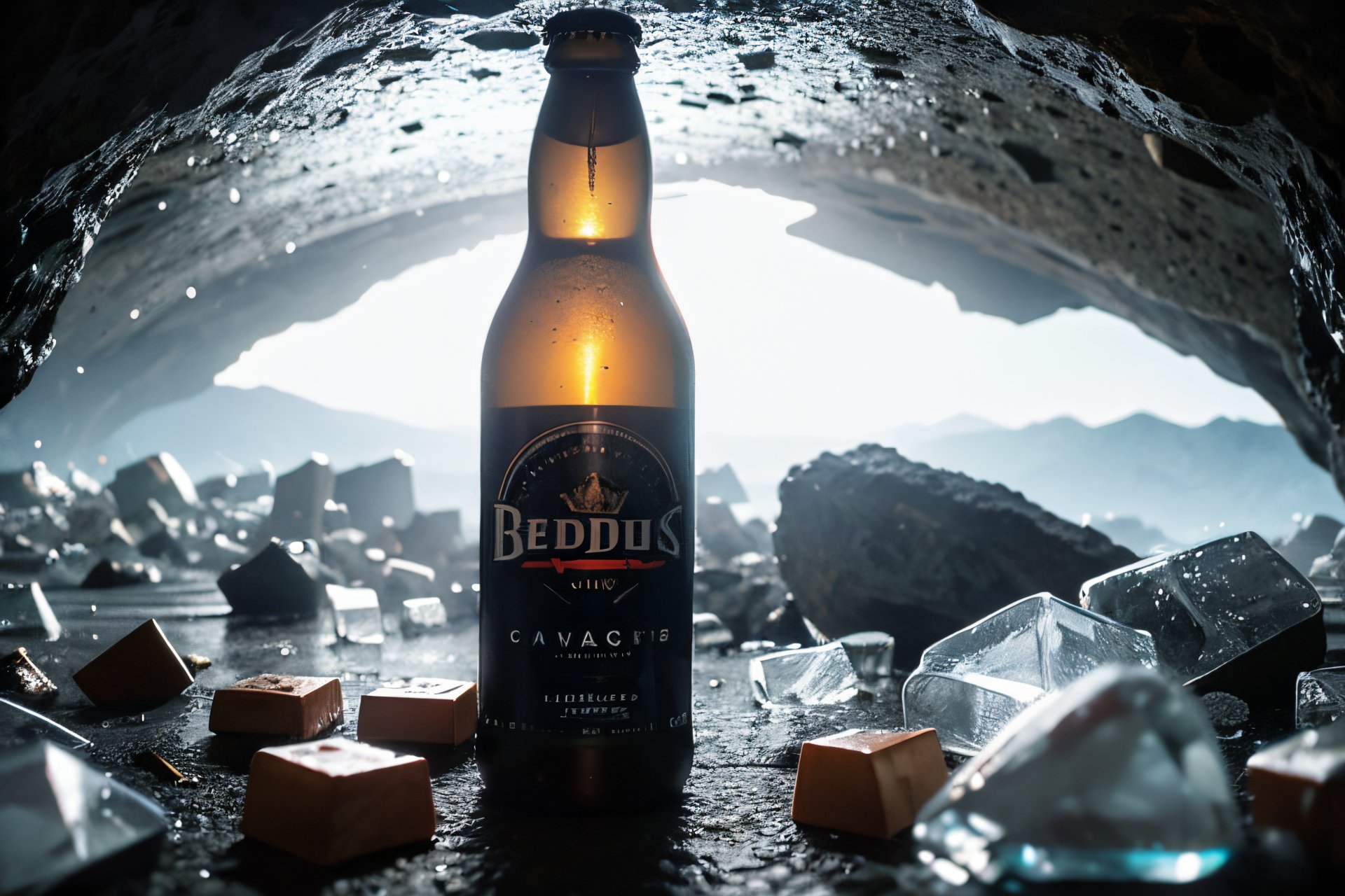 oia stunning,cinematic photo, cpbg, inside the rock cave, close-up of a bottle of beer, ice cubes, rocks, backlight effect, caustics