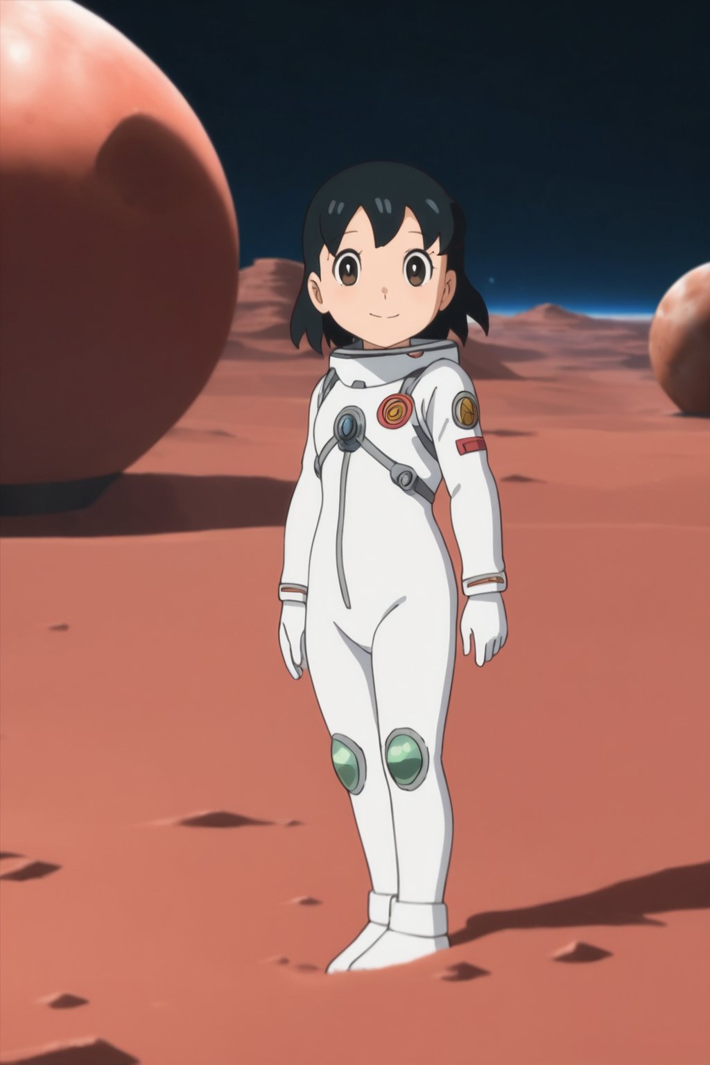 minamoto shizuka,cowboy shot, 1girl, solo, smile, Girl in a spacesuit stepping onto the surface of Mars, Earth visible in the distance, vast red landscape, futuristic colony in the background, sense of wonder and exploration, epic sci-fi scene, hyper-realistic detail, child,masterpiece, perfect face, best quality, beautiful eyes, shiny eyes, anime coloring, anime screencap, absurdres, award winning, <lora:minamoto shizuka niji 905:0.8>