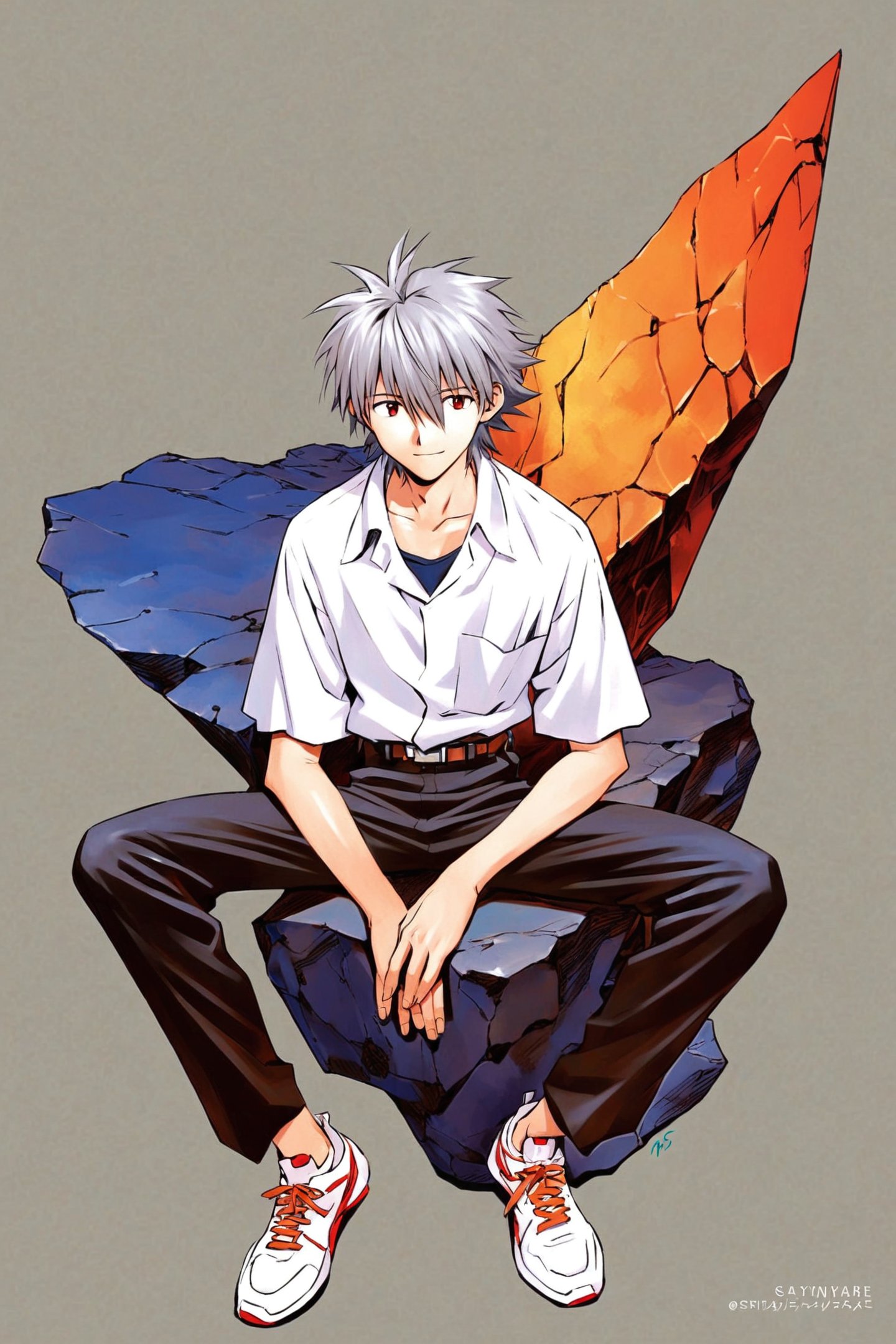 1boy,male focus,solo,nagisa kaworu,shirt,sitting,red eyes,rock,pants,white shirt,shoes,collared shirt,black pants,hair between eyes,short sleeves,closed mouth,grey hair,white footwear,belt,sneakers,looking at viewer,collarbone,own hands together,bangs,watermark,ikari shinji,signature,artist name,smile,school uniform,grey background,light smile,<lora:Sadamoto Yoshiyuki_XL_kohaku:0.8>,