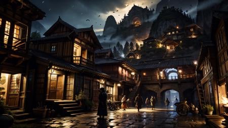 (masterpiece:1.2), best quality, masterpiece, highres, original, extremely detailed wallpaper, perfect lighting, CG,realism,oil painting,unreal engine,concept art,scenery, architecture, city,night,ancient, valley, overlook,