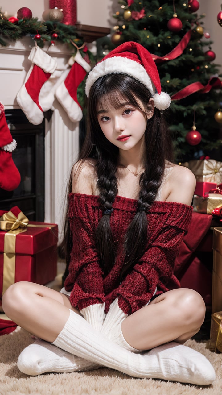 1girl,antlers,bare_shoulders,bell,black_hair,box,braid,candy,candy_cane,christmas,christmas_lights,christmas_ornaments,christmas_tree,fake_antlers,fireplace,gift,gift_bag,gift_box,hair_over_shoulder,heart-shaped_box,holding_gift,holly,kneehighs,long_hair,long_sleeves,looking_at_viewer,merry_christmas,off-shoulder_sweater,realistic,reindeer,reindeer_antlers,reindeer_costume,sack,santa_costume,santa_hat,shorts,sitting,snow,snowflakes,socks,solo,sweater,twin_braids,v_arms,valentine,white_legwear,white_shorts,wreath,<lora:meinv102:1>,