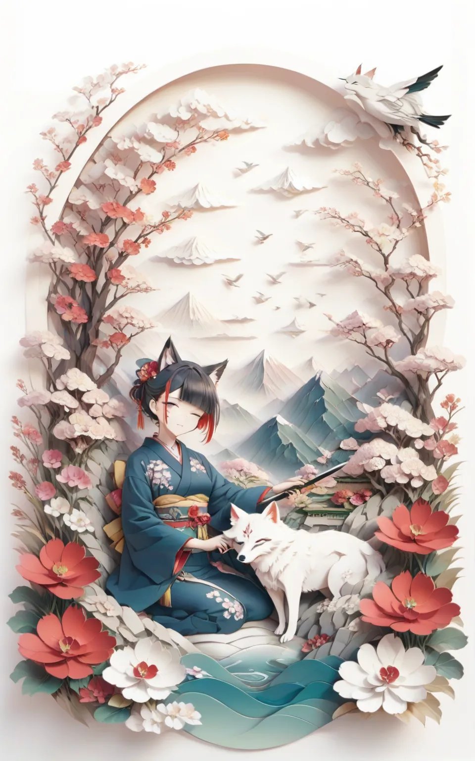 1girl,    jzys, sword, japanese clothes, white hair, animal on lap, head tilt, red flower, closed eyes, closed mouth, black hair, simple background, official alternate hair length, official alternate hairstyle, blunt bangs, animal, wolf, streaked hair, hair over one eye, virtual youtuber, sheath, kimono, long sleeves, holding, holding sheath, seiza, short hair, looking at viewer, one eye covered, official alternate costume, blue kimono, holding weapon, grey eyes, sitting, multicolored hair, white background, holding sword, on lap, weapon, flower, wide sleeves, masterpiece, newest, absurdres, safe <lora:jzys:1>