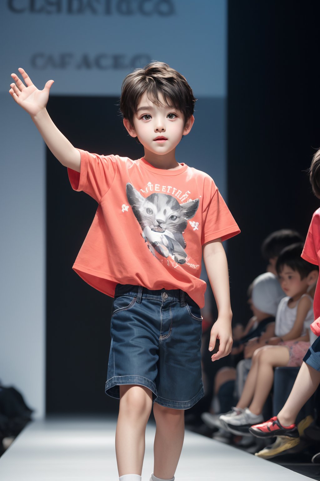 1boy,(Catwalk Pose:1.2,fashion show),(child:1.6),(little boy:1.7),