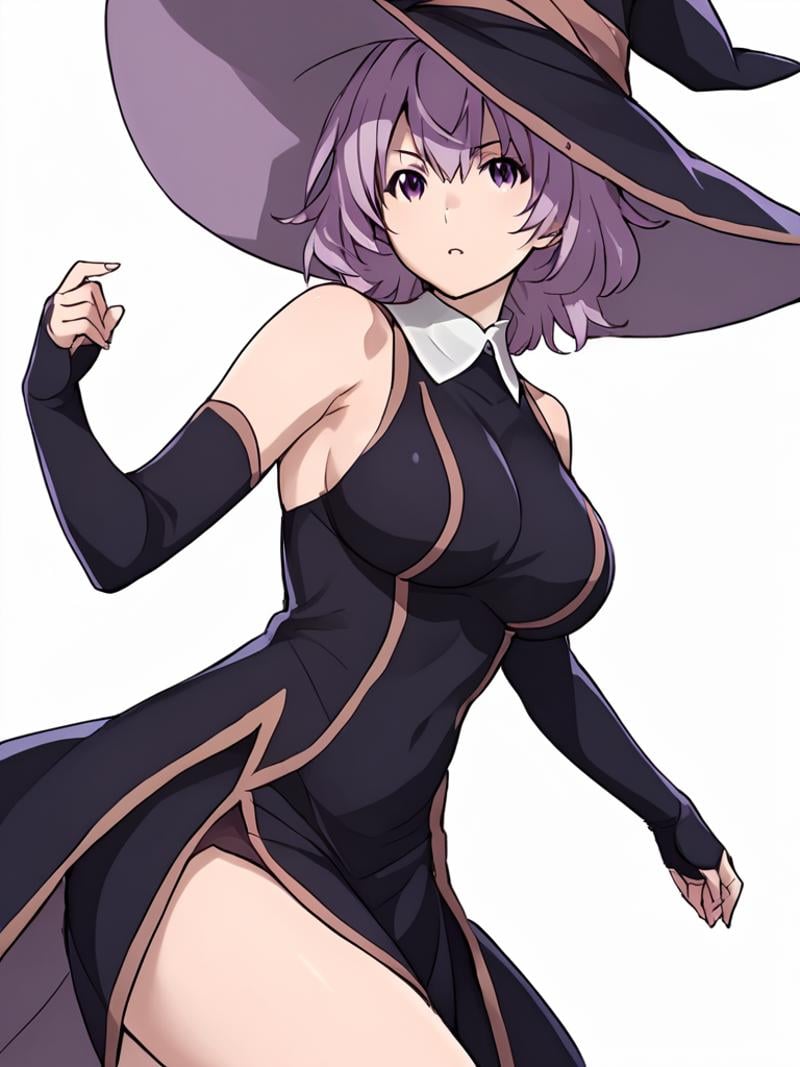 score_9, score_8_up, score_7_up, score_6_up, score_5_up, score_4_up,simple background, plain background, dynamic pose, large witch hat,<lora:shihoru-pony-v1:1>, shihoru, purple hair, purple eyes, large breasts, white collar, black dress, arm warmers,