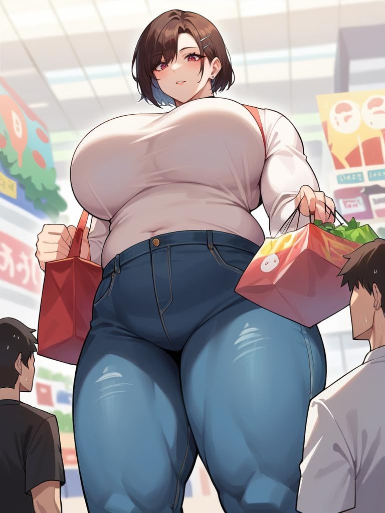 Score_9, score_8_up, score_7_up, score_6_up,  source_anime, shopping mall background, low angle, from below, 1girl, 1boy, duo, larger_female, smaller_male, size_difference, standing, looking down, BREAK, chubby muscular female, BREAK,  <lora:Larger_Female:0.5>