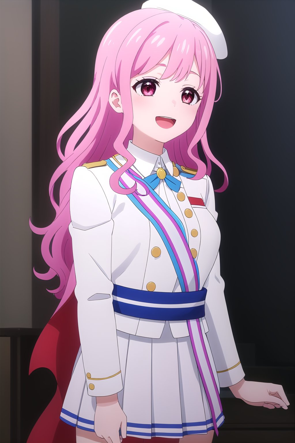 (masterpiece, best quality), highly detailed background, perfect lightingbest quality, yanagidakaoruko, solo, indoors, stage, idol, beret, white headwear, pink hair, swept bangs, wavy hair, very long hair, sidelocks, pink eyes, medium breasts, yellow cape, white jacket, sash, buttons, white shirt, long sleeves, white skirt, miniskirt, pleated skirt, idol clothes, smile, open mouth, :d, <lora:Yanagida-Kaoruko-2-10:0.7>