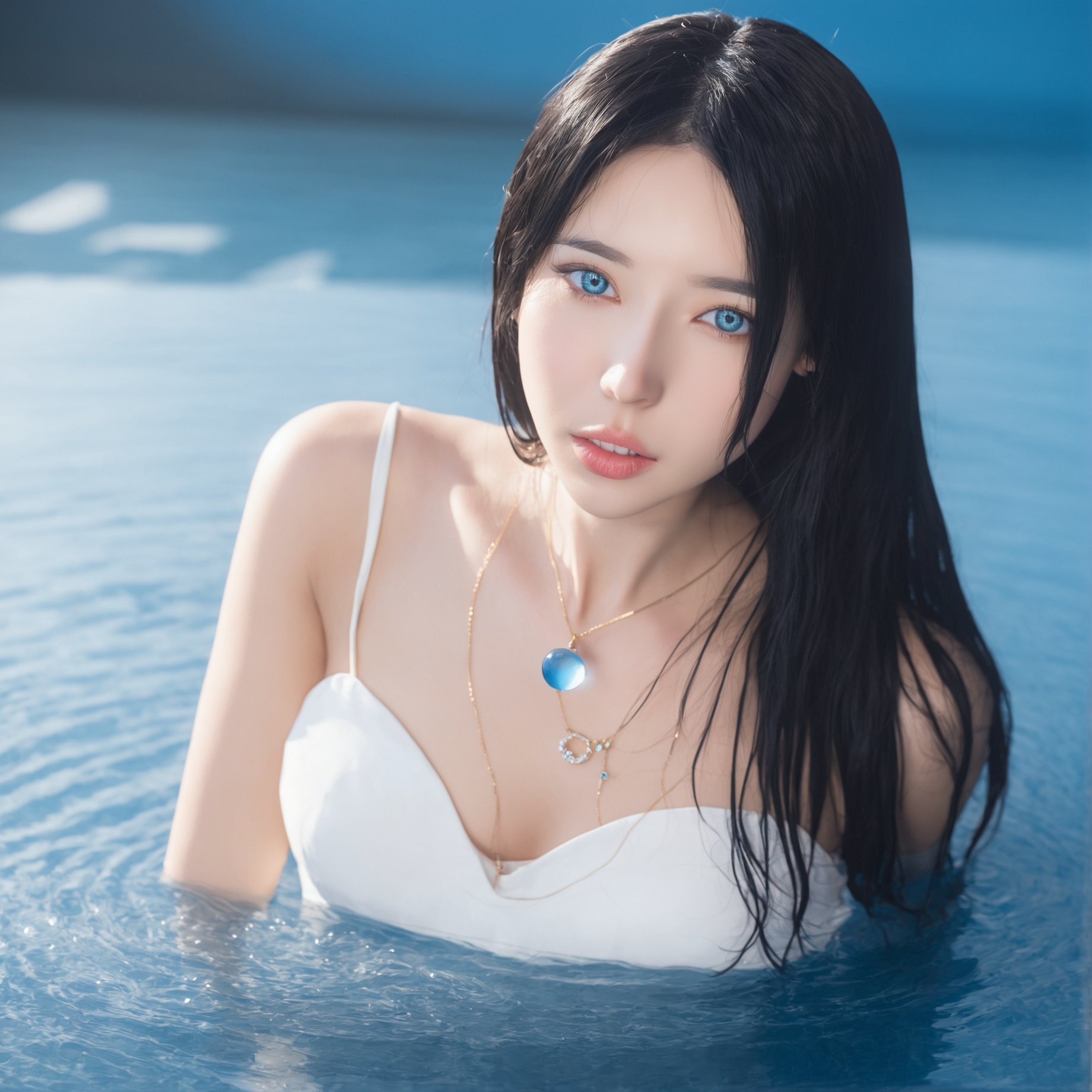 zero,Contact lenses,1girl,solo,black hair,realistic,long hair,necklace,blue eyes,jewelry,looking at viewer,dress,water,partially submerged,lips,white dress,open mouth,<lora:girl-000002:0.8>,highres,absurdres,