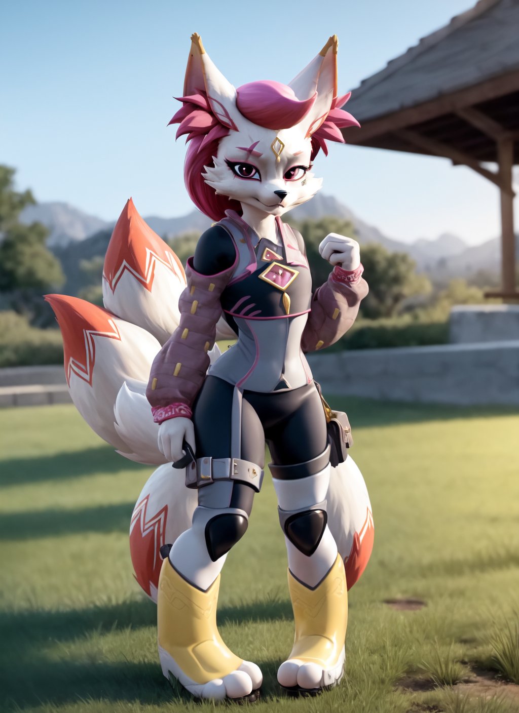 kimiko, furry female anthro, fox girl, portrait, bodysuit, feet, multiple tails,  multi tail, solo, body fur, (best quality), detailed nature background, urban, cinematic lighting, looking at viewer,  <lora:kimiko-v1B:1.0>