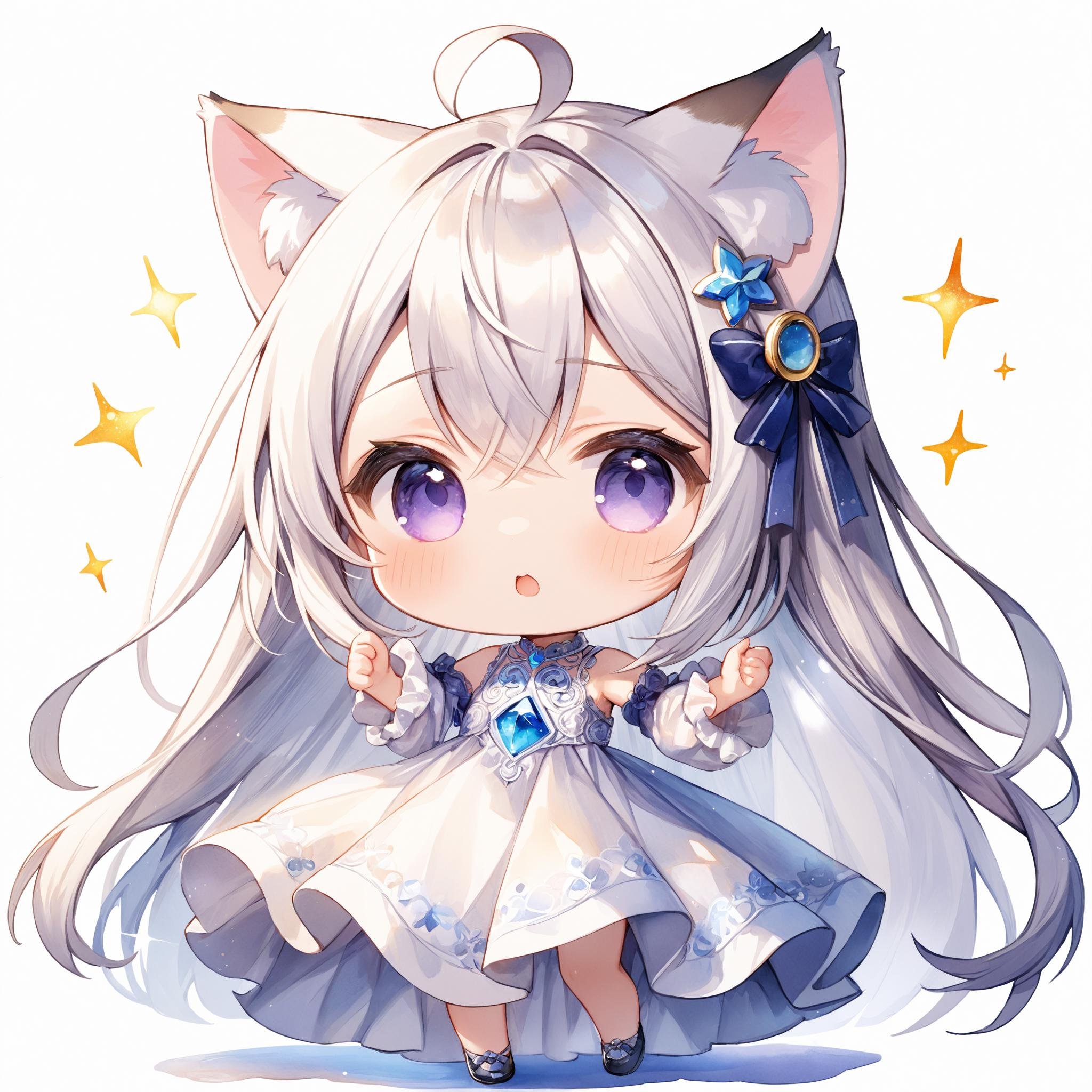 Full body shot. Cinematic angle. A very cute girl. Chibi. (Round face:1.2). Detailed dark-purple eyes. Long straight hair with ribbon ornament, (shine silver hair), (shine silver inner hair), (ahoge:1.05), cat ears and hair between eyes. Detailed body. Small breasts. White chiffon maxi dress and ruffled long sleeves. :o. Cute pose. Looking at viewer. background. White background. Cute style. Watercolor. Deformed. Intricate details. Extremely detailed. Outstanding intricacies. (Masterpiece:1.2). (Best quality:1.2). (Absurdres absolutely resolution:1.4).