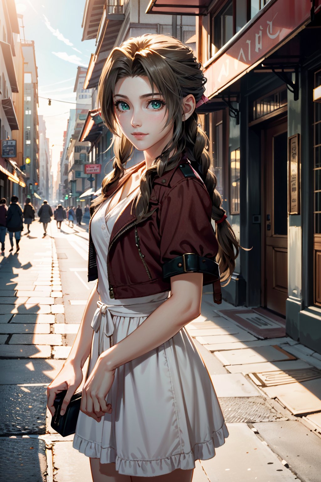 ((ultra detailed, masterpiece, best quality)) <lora:FF7Aerith:0.8>FF7Aerith, 1girl, solo, single braid, green eyes, brown hair, cowboy shot, city street, afternoon, warm and vibrant sunlight