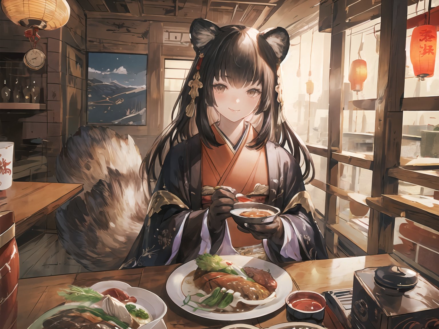 masterpiece,best quality,highres,cinematic lighting,dramatic angle,1girl,<lora:ShadowverseHozumiV3-000016:0.8:lbw=1,0.1,0.1,0.8,0.8,0.8,0.8,0.8,0.8,1,1,1,1,1,1,1,1>,animal hands,animal ears,black hair,brown eyes,japanese clothes,looking at viewer,smile,capelet,tail,head tilt,feast,food,table,sitting across table,pov,noodles,chinese restaurant,eating