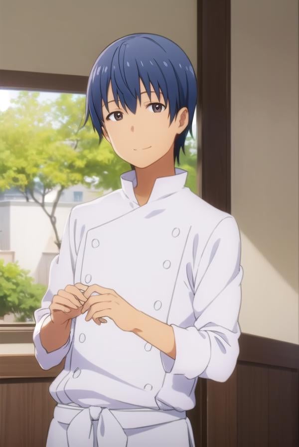 hiroomisouma, <lora:hiroomi souma s2-lora-nochekaiser:1>,hiroomi souma, (brown eyes:1.3), blue hair, male focus, smile,BREAK apron, buttons, waist apron, white pants, chef,BREAK indoors, restaurant,BREAK looking at viewer, (cowboy shot:1.5),BREAK <lyco:GoodHands-beta2:1>, (masterpiece:1.2), best quality, high resolution, unity 8k wallpaper, (illustration:0.8), (beautiful detailed eyes:1.6), extremely detailed face, perfect lighting, extremely detailed CG, (perfect hands, perfect anatomy),