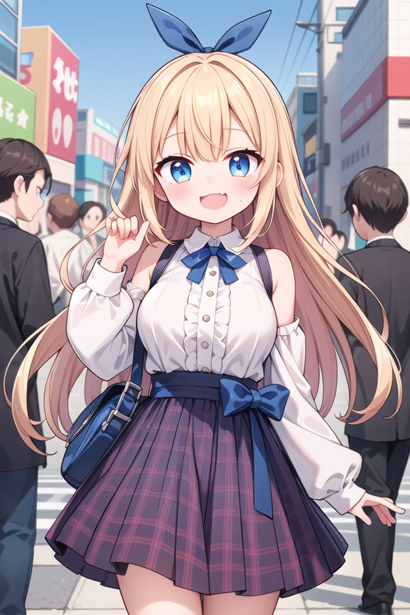 <lora:smugmouth_v100:1>insanely detailed, absurdres, ultra-highres, ultra-detailed, best quality,1girl, solo, nice hands, perfect handsBREAKjirai kei,plaid skirt, shirt, long sleeves, bow, blue skirt, white shoulder frilly shirt, outdoors, blue bow, long hairBREAK(nsfw:-1.5)BREAK(breast pocket, vest, blazor, long sleeves, checked skirt, striped skirt, striped shirt, striped sleeves, bra visible through clothes, skirt with frill:-1)BREAK(nsfw:-1.5)BREAKsmug, open mouthBREAKfrom below,standing, cowboy shot, looking at viewerBREAKslender, kawaii, perfect symmetrical face, ultra cute girl, ultra cute face, ultra detailed eyes, ultra detailed hair, ultra cute, ultra beautifulBREAKshibuya, akihabara, tokyo, street, crowd, cityscape, depth of field, ultra detailed backgroundBREAKlarge breastsBREAKblonde hair, blue eyes