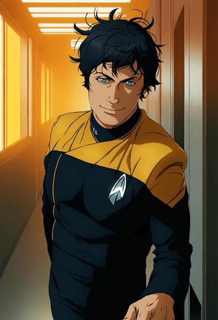 score_7_up,solo,1boy,messy hair,black hair,smirk,blue eyes,walking,corridor,windows,futuristic,metallic,silver,pcdst,Star trek uniform,yellow,yellow shoulders,black jumpsuit,<lora:PicardPony-000050>