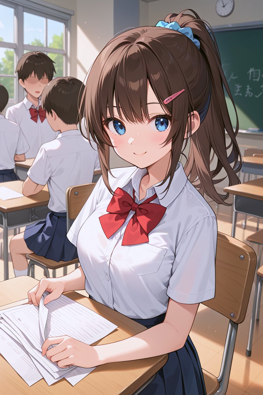 score_9, score_8_up, score_7_up, source_anime, rating_safe, 1girl, breasts, blush, smile, bangs, blue eyes, multiple girls, skirt, brown hair, shirt, hair ornament, bow, holding, school uniform, white shirt, ponytail, short sleeves, pleated skirt, multiple boys, solo focus, hairclip, indoors, bowtie, bag, red bow, blue skirt, chair, scrunchie, red bowtie, desk, faceless, + +, paper, classroom, school desk, chalkboard, holding paper, school chair, school