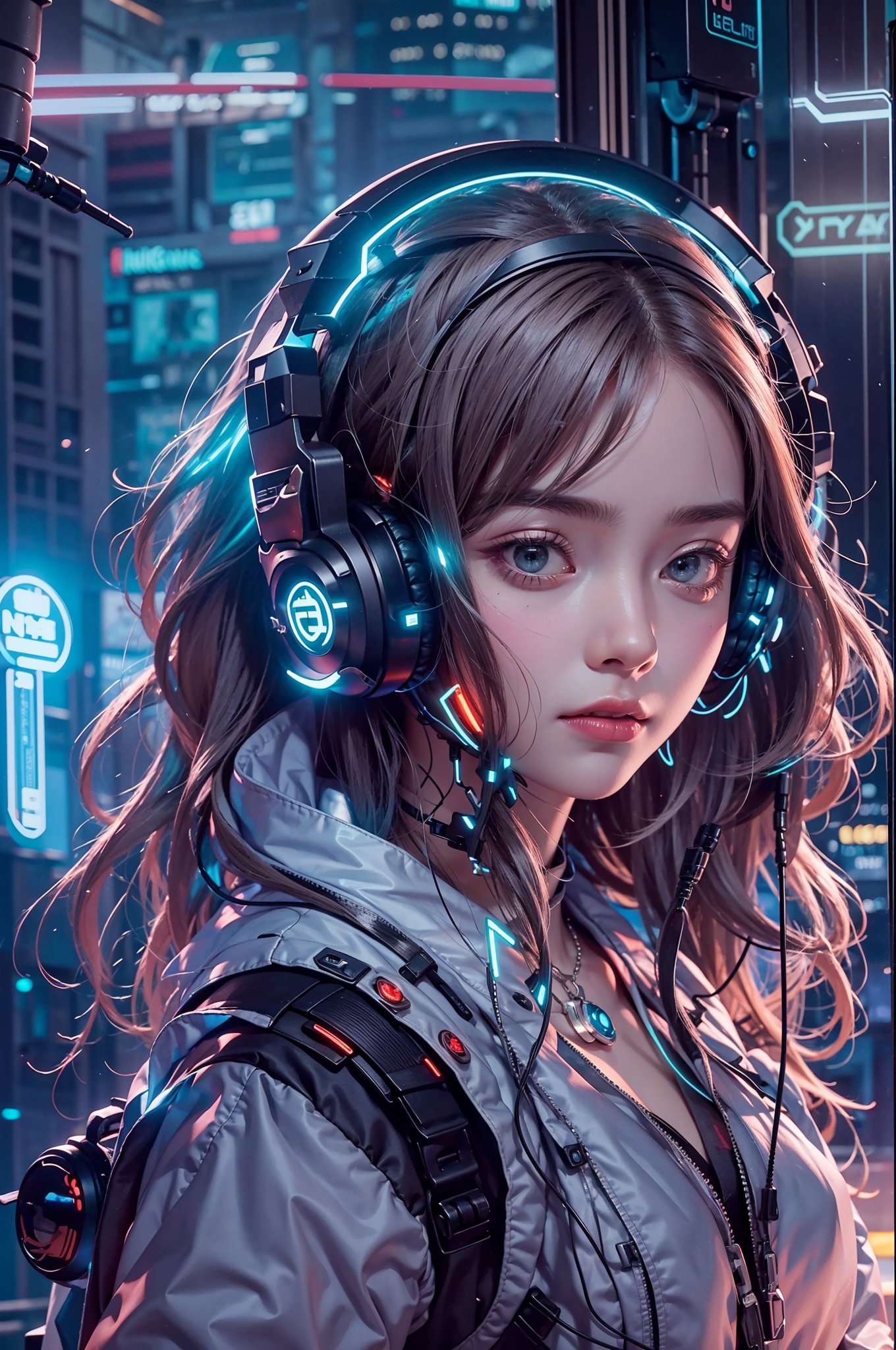 best quality,masterpiece,16K,1 girl,cyberpunk,Luminous headphones,Mechanical jewelry fragments,technical background,Frontal close-up,Metal helmet,Pistol-**** earpiece mechanical structure,multi-light headphones,Headphones with ultra-complex mechanical structure,Multi-light neck protection,Glows red,Weirdly shaped mechanical headphones,Super complex mechanical headphones,Mechanical armor,Multiple light source points throughout the body,city background,Multiple light source background,skyscrapers,night,