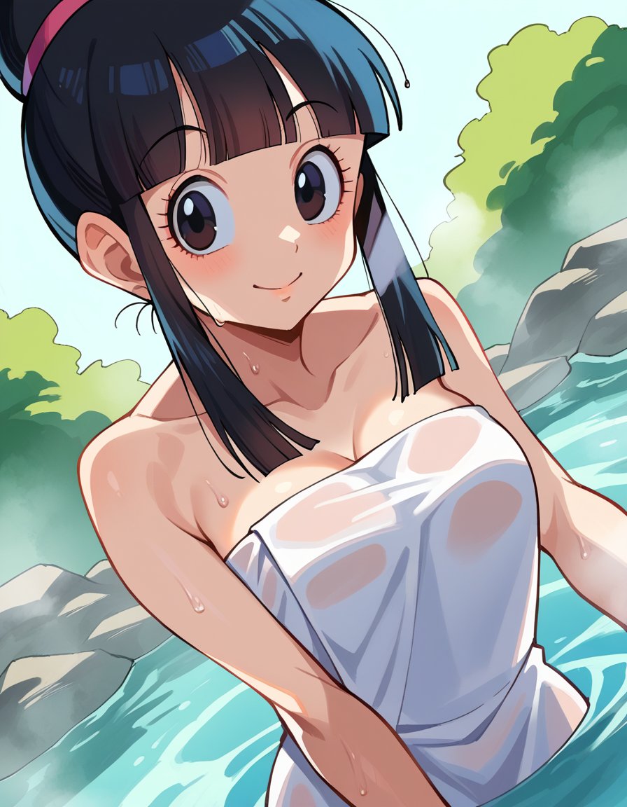 score_9, score_8_up, score_7_up, source_anime,dragonballchichi, <lora:dragonball-chichi-ponyxl-lora-nochekaiser:1>,chi chi, black eyes, black hair, long hair, hime cut, blunt bangs, sidelocks,nude, naked, outdoors, onsen, towel, naked towel, steam, bathing, nude cover, partially submerged, water, bath, steam censor, wet towel,looking at viewer, dutch angle, cowboy shot,