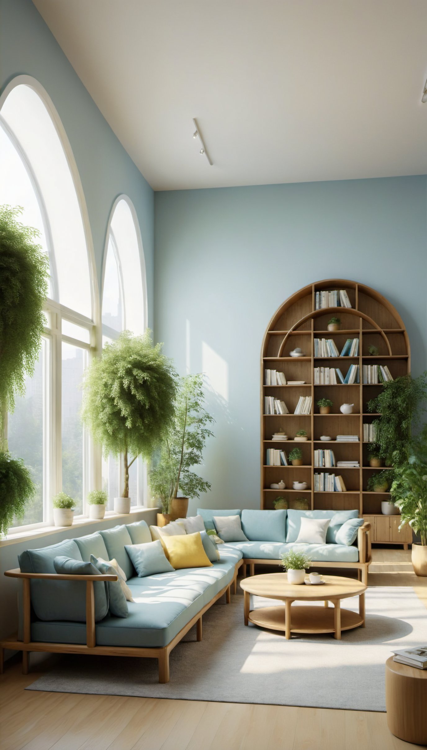 The warm Nordic-style room is decorated with light blue, white, and light yellow as the main colors. Chinese-style wooden arc-shaped bookshelves are lined with green plants, Nordic brown sofas, coffee tables, showing ultra-high-definition image effects under natural light. The huge floor-to-ceiling windows with a fresh and bright background overlook the central axis of the modern city. They are designed using software such as Blender, Octane Renderer, and C4D.