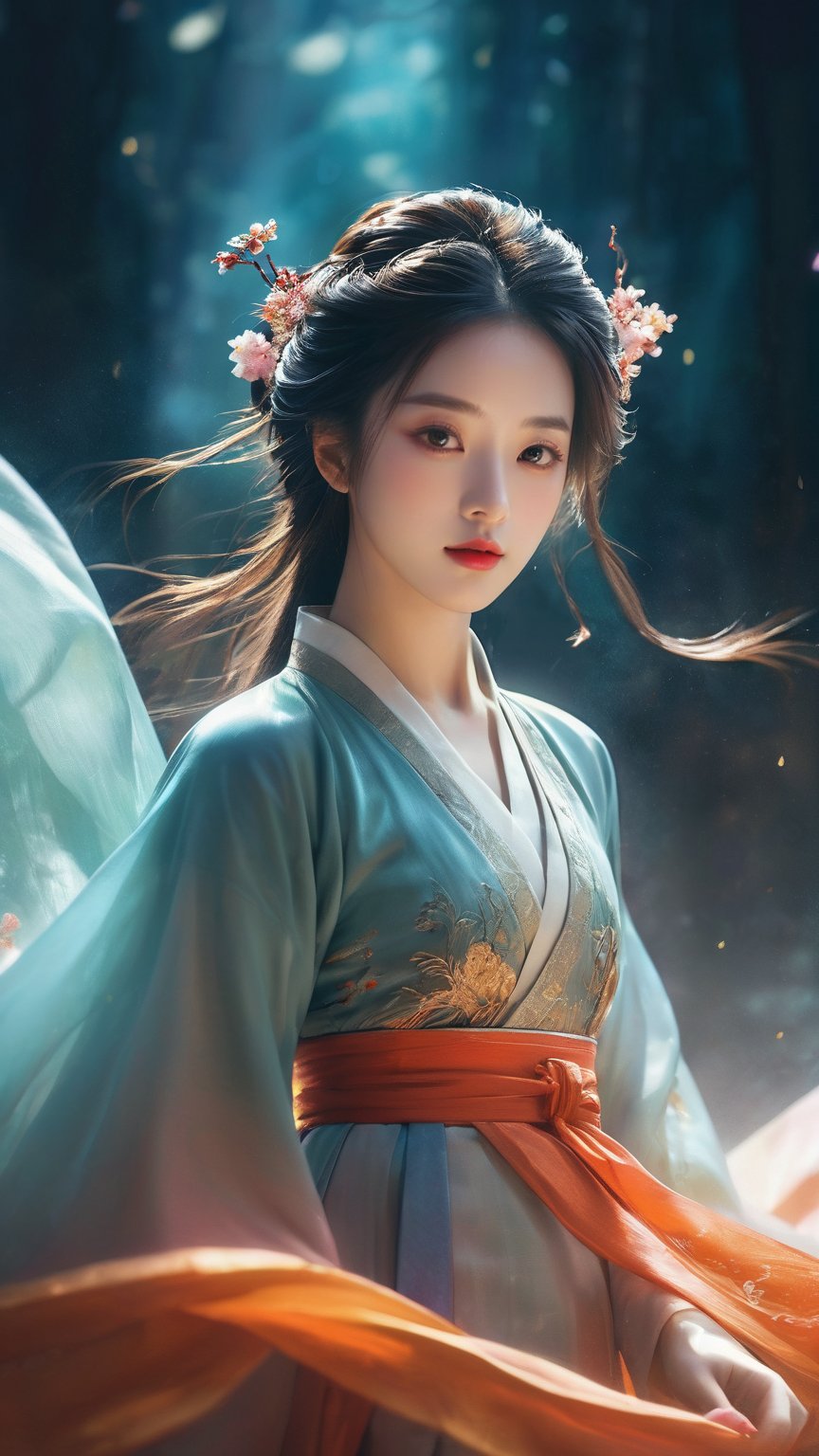 masterpiece, best quality, super wide angle, best fingers, facing viewer, full frontal, magnificent, celestial, ethereal, painterly, epic, majestic, magical, fantasy art, cover art, dreamy, elegant, cinematic, background illuminated, rich deep colors, ambient dramatic atmosphere, creative, perfect, beautiful composition, intricate, detailed1girl, hanfu, 