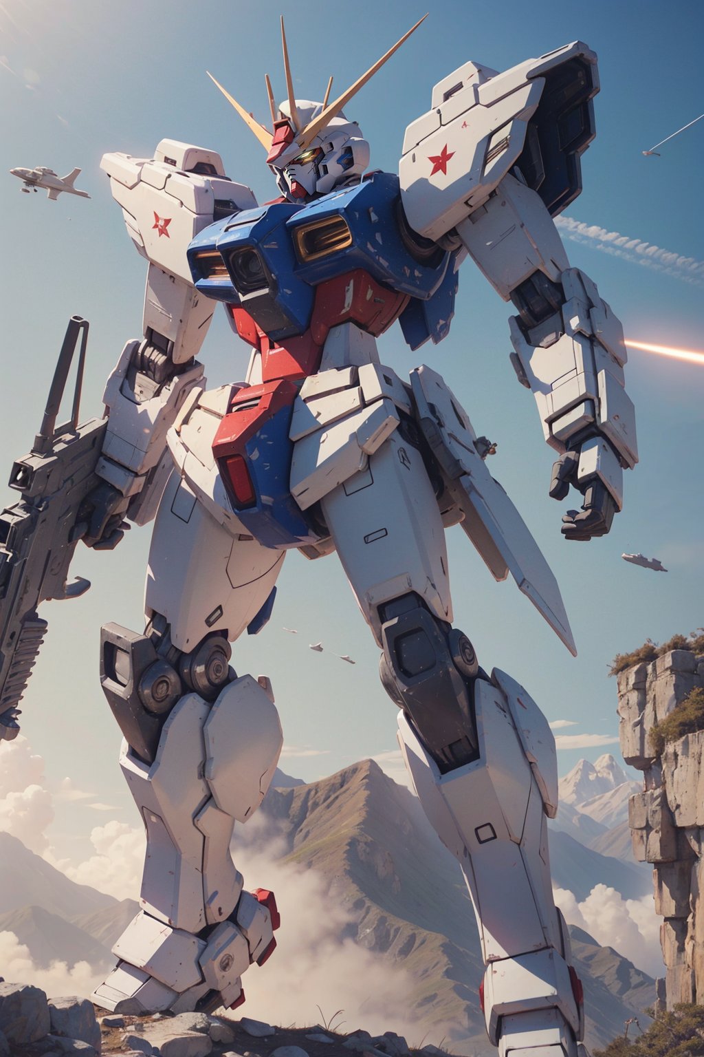 ,So_GunDam,looking ahead,robot,glowing eyes,full body,outdoors,shoulder with a rocket launcher,weapon,holding weapon,holding,gun,holding gun,beam rifle,open hand,energy gun,clenched hand, edge quality, perspective silhouette, 8k, best quality, masterpiece, extremely detailed, rule of thirds, photorealistic, superb, HDR, high resolution, sharp focus, photorealistic rendering, extremely detailed description, professional, gorgeous and intricate detail, photo<lora:So_GunDam:0.7>