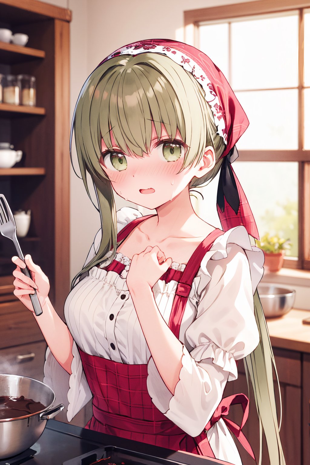 1girl, cecilia \(shiro seijo to kuro bokushi\), official art, solo, blush, eyebrows visible through hair, green hair, spatula, open mouth, green eyes, blurry, blurry background, chocolate, looking at viewer, depth of field, nose blush, head scarf, sweat, hair between eyes, hair ribbon, bowl, long sleeves, pink apron, white shirt, mixing bowl, floral print, red apron, ponytail, plaid, wavy mouth, holding bowl, frills, chocolate making, very long hair, indoors, upper body, cooking, red ribbon, kitchen, sidelocks, low ponytail, holding spatula, collarbone, white apron, valentine, frilled apron, print apron, brown eyes, bandana, hands up, brown ribbon, waist apron, low twintails, medium breasts, ladle, frilled sleeves, food, puffy short sleeves, , sweatdrop, fingernails, white dress, plaid apron, wide sleeves, pot, pastry bag, standing<lora:cecilia_shiro_seijo_locon_v1:0.9>