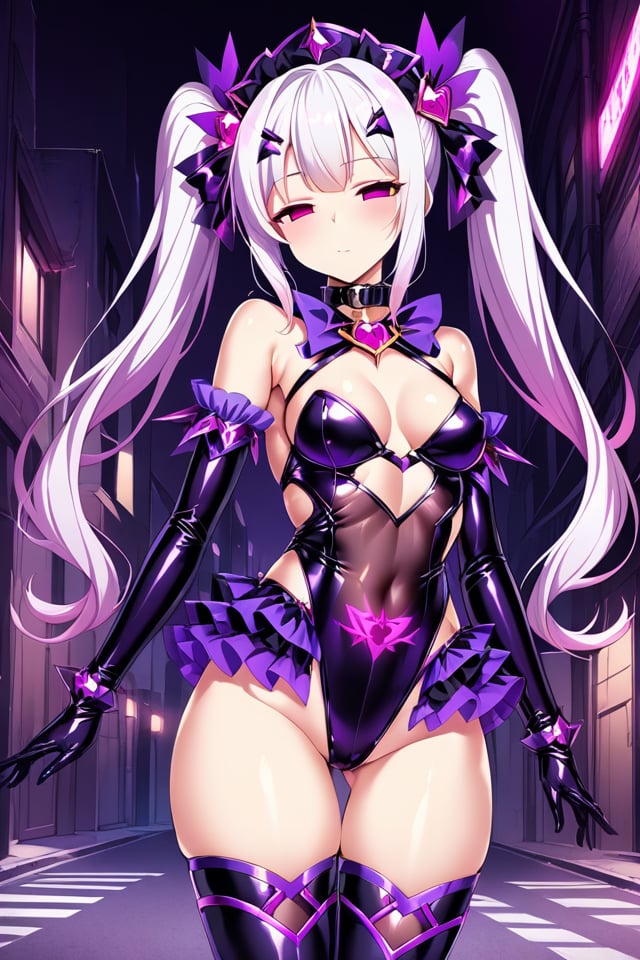 illustration,extremely detailed,highly detailed,best quality,masterpiece,highres,semi-realistic,portraits,anime,cowboy shot,purple theme, 1gril,solo,perfect female body,perfect anatomy,medium breasts,half-closed eyes,pink eyes,no pupils,empty eyes,twintails,tri tails,white hair,wide hips,thick thighs,thigh gap,big butt,fat mons,glowing pubic tattoo,hair ornament,headdress,collar,expressionless,closed mouth,boots, ,standing,looking at viewer,arms at sides,dark magical girl,see-through,latex,shiny clothes,trim,frills,layered skirt,ornaments,leotard, ribbon,bow,gem,,(street:1.2), <lora:Corruptionv2.1XL:0.7>