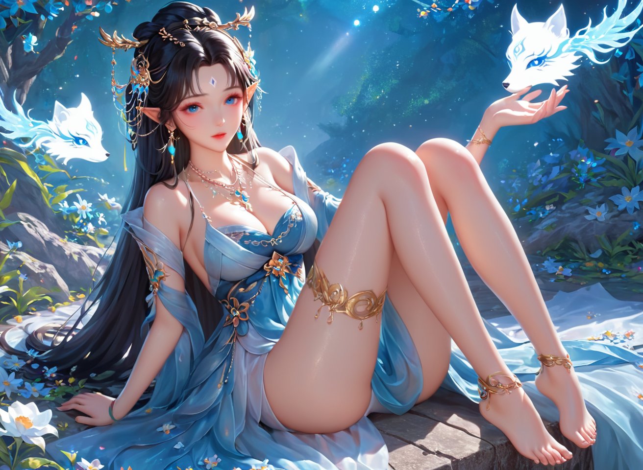 Score_9,Score_8_up,score_7 up,Depth,nsfw1girl, solo, breasts, long hair, barefoot, long hair, jewelry, forehead mark, necklace, blue eyes, hair ornament, earrings, looking at viewer, dress, bare shoulders, facial mark, cleavage, bare legs, pointy ears, full body,expressiveh,<lora:Expressive_H:0.9>,, Magic,Magic Games,Goddess Alliance,Western mythology,godness,hanfu,fox girl,Game character design,mythology,goddess,immortal,fantasy,bang,(long hair:1.1),beautiful girl,beautiful eyes,beautiful face,3sss skin,Soft illumination,ssr,intricate details, <lora:Vivian_Chow_XL_0_:0.51> <lora:add-detail-xl:0.5> <lora:古风动漫美女XL_古风动漫美女XL_v1.0:0.5> <lora:dragon_小龙女_水晶神龙1.0_v1.0:1>, <lora:宋制汉服_v1.0:0.5>Crawling in the flowers with legs up, gill  