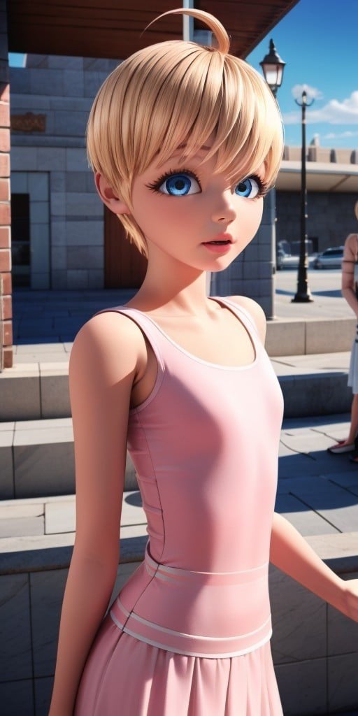 Hyperrealistic, super detailed, photorealistic, long pink dress with lace, honey blonde pixie cut with bangs that slightly cover her eyes to the right and a tiny cowlick on top expressive round vivid sapphire blue eyes, body like in real life, large pores, slender, fourteen years old, fair-skinned skin, beautiful arms, very flat very little breasts, unreal engine, octane render, droped shadow, bokeh, cinematic lighting, <lora:Volumetric_lighting:0.6>, <lora:add_detail:0.5>, Rose Lavillant, , <lora:06bcf8b1-73c7-405d-9e36-210ca06801fe:0.7>