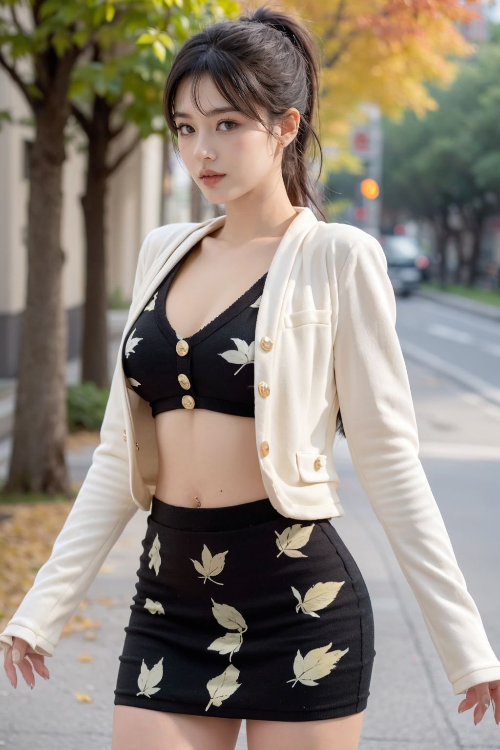 Female, (Big breasts), (Qi bangs, ponytail), (Ancient, Heroine), (velvaura, black bra, midriff, black skirt, ((leaf printed skirt))), golden buttons, cropped jacket, (white jacket), long sleeves, Standing in the street, falling leaves, autumn leaves, warm climate, autumn atmosphere, (long legs), (ring finger diamond ring), full body, looking at the audience, masterpiece, realistic, ((face closeup, face shot)), <lora:10xCocoDress(Majic)_LR5_v1:0.7>