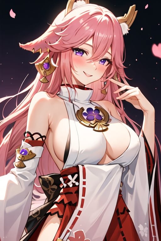 best quality, masterpiece, highres, solo, {yae_miko_genshin:1.15}, long_hair, pink_hair, bangs, purple_eyes, animal_ears, hair_between_eyes, fox_ears, jewelry, hair_ornament, earrings, smile, breasts, large_breasts, blush