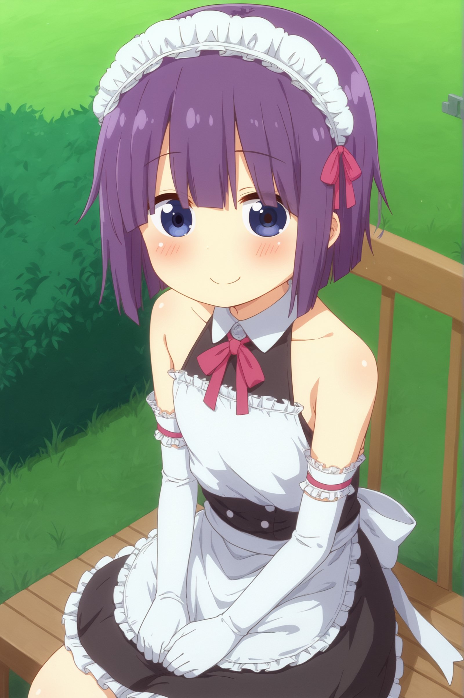 <lora:Shouta_Magatsuchi:0.7>  Shouta Magatsuchi, solo, looking_at_viewer, blush, smile, gloves, ribbon, closed_mouth, bare_shoulders, detached_sleeves, elbow_gloves, white_gloves, apron, maid, maid_headdress, outdoors, sitting <lora:sdxl_lightning_4step_lora:1>