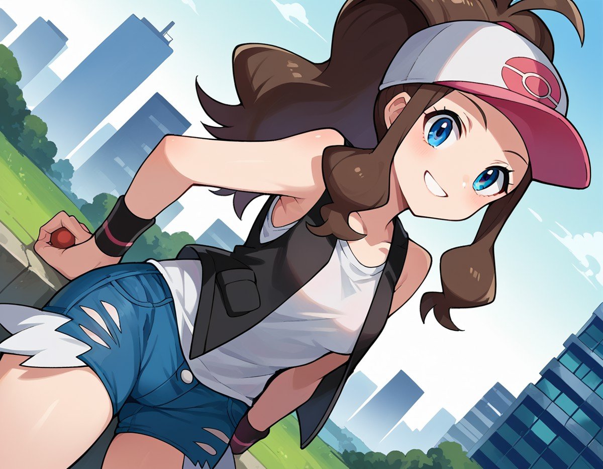 score_9, score_8_up, score_7_up, source_anime,pokemonhilda, <lora:pokemon-hilda-ponyxl-lora-nochekaiser:1>pokemonhilda, blue eyes, brown hair, long hair, ponytail, smile,baseball cap, blue shorts, denim, hat, shorts, vest, wristband, sleeveless, black vest, white shirt, shirt,outdoors, cityscape, bent over,looking at viewer, dutch angle, cowboy shot,