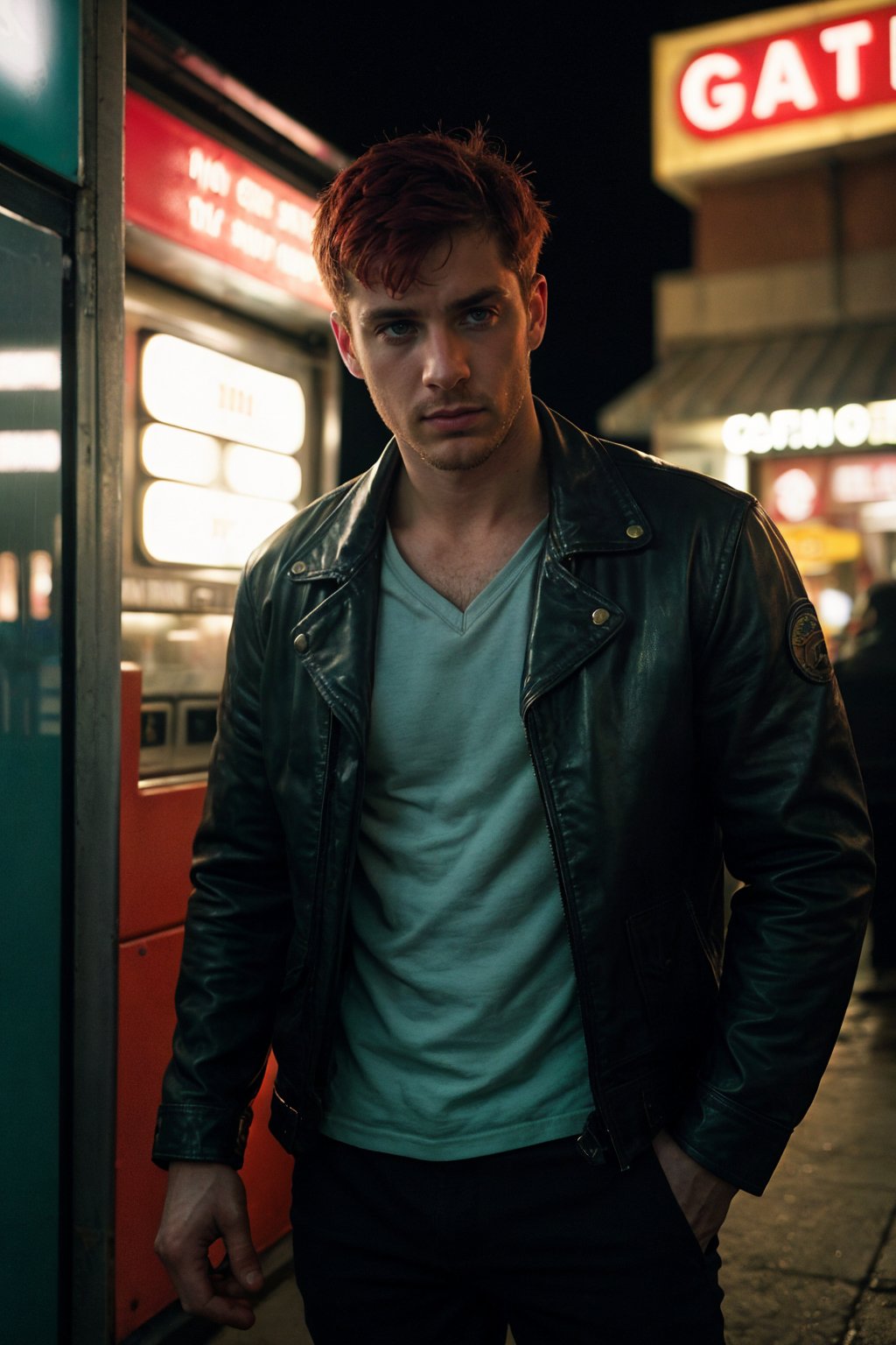 photo of an irish man in his 20s at the gas station in the middle of the night, neon signs, red hair, scared, wearing leather jacket, pants, cinematic, film still, rain, moody, realistic, highly detailed, realistic eyes, intricate details, detailed background, depth of field, dynamic pose, dynamic angle, ((analog photo:1.2)), (subsurface scattering, filmic, chiaroscuro, soft light, vibrant colors:1.2), (vacations, selective focus, European film, movie still, film grain:1.2)