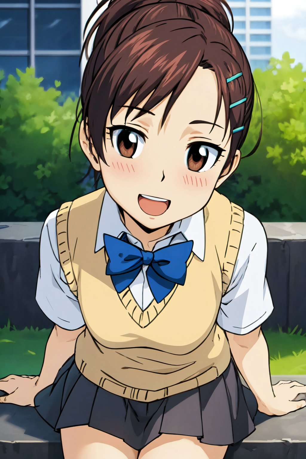 portrait, sharp focus, soft lighting,  (highly detailed face), (highly detailed eyes), illustration, depth of field, haru1,  outdoors, school, 1girl,solo,looking at viewer, blush, smile, open mouth ,bangs, brown hair, shirt, hair ornament, bow,  brown eyes, school uniform ,,white shirt ,ponytail ,short sleeves, :d,  hairclip, collared shirt, bowtie ,kneehighs, blue bow, ,black socks, ,grey skirt, , sweater vest  <lora:haru-000003:0.75>