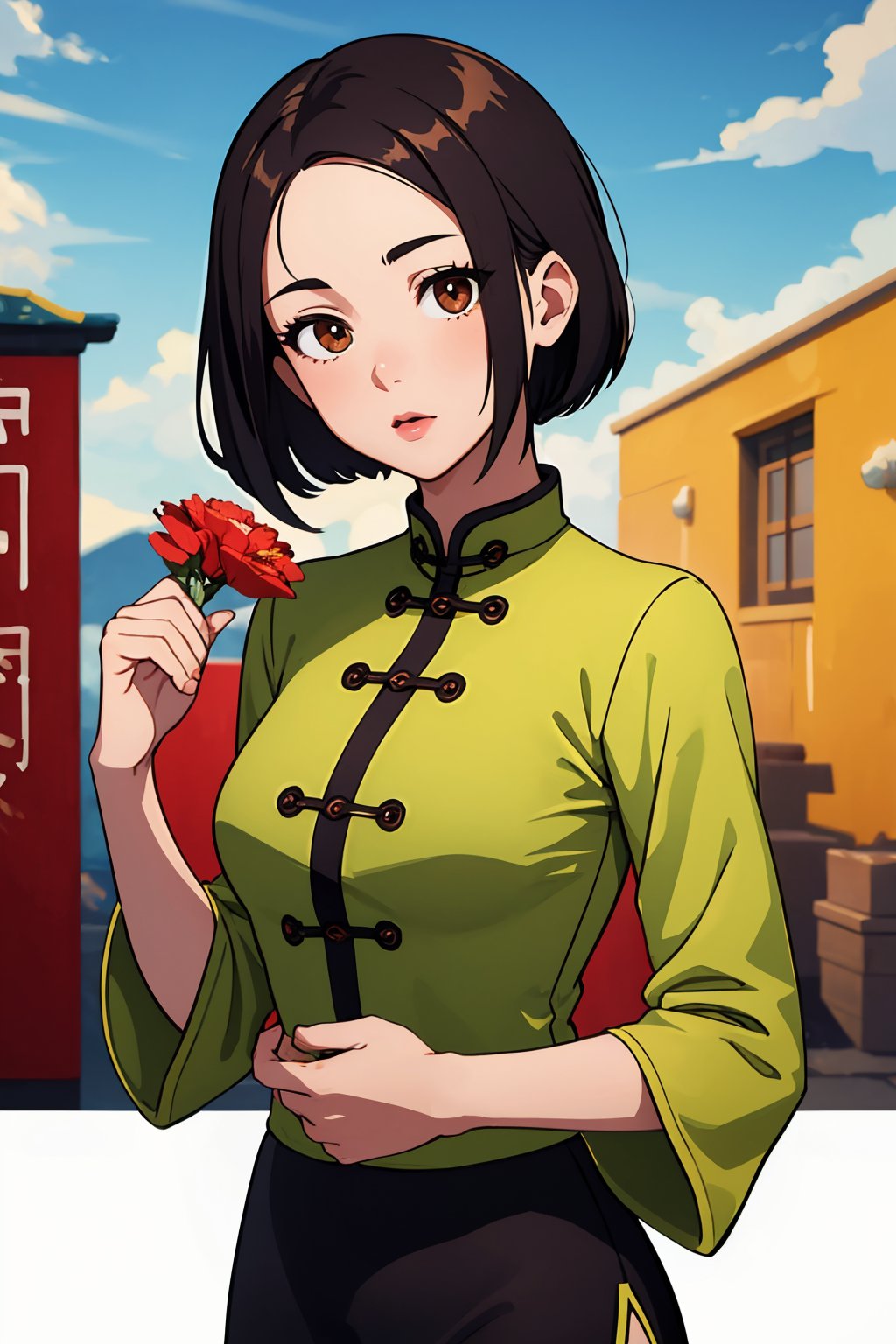 (best quality:1.4),(masterpiece:1.4),(8K:1.4),(extremely detailed:1.4),1girl,solo,brown eyes,(upper body:1.2),looking at viewer,short hair,black hair,chinese clothes,full body,