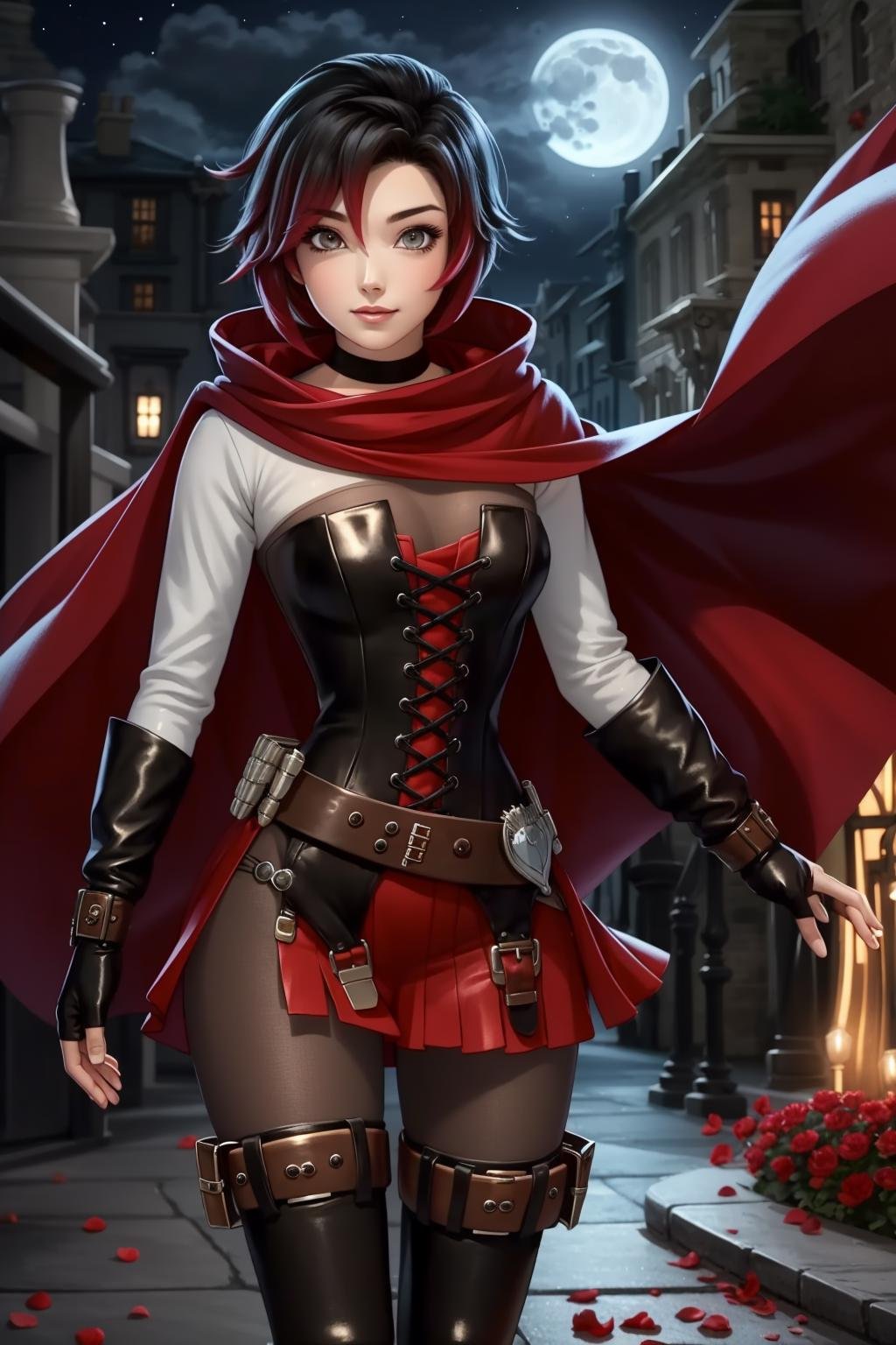 <lora:RubyAtlas-05:1> 1girl,atlasrose, black hair, gradient hair, grey eyes, red cape, white shirt, pantyhose, belt, red skirt, corset, thigh boots, fingerless gloves,masterpiece,best quality,extremely detailed, rose petals, wind,night, moon, red hood up