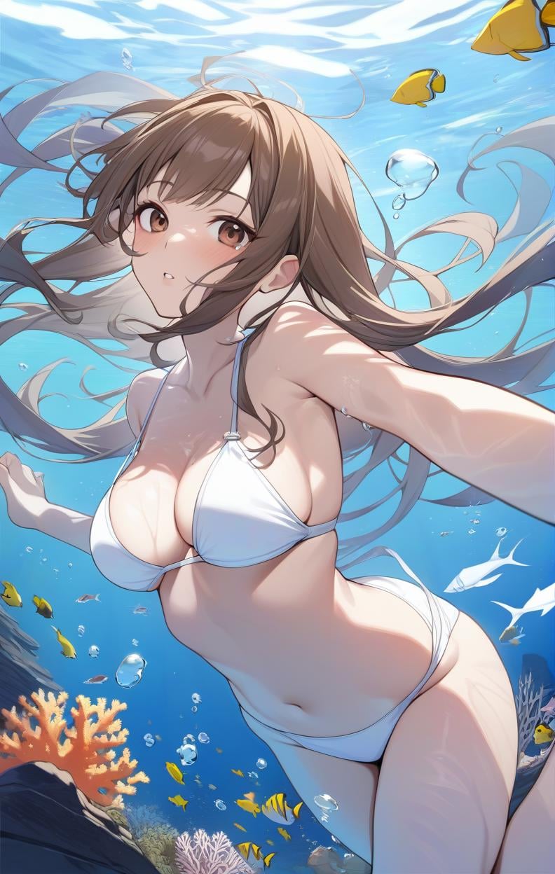 1girl, brown hair, brown eyes, long hair, underwater, air bubble, swimsuit, swimming, fish, coral, masterpiece, 