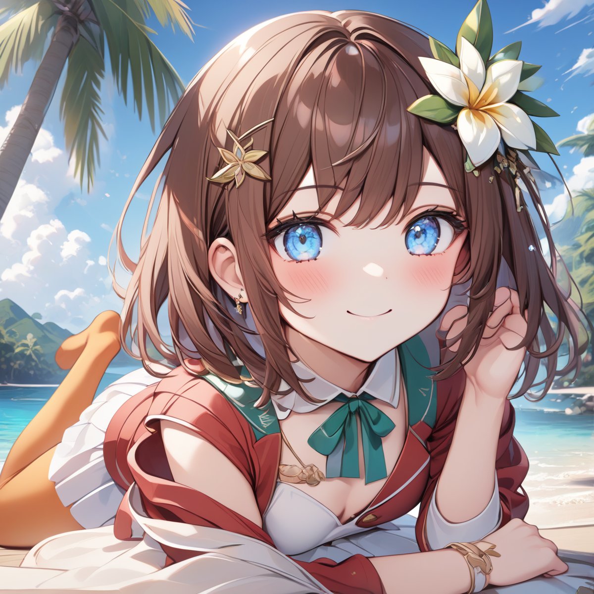 Hana_Macchia, brown hair, hair ornament, white flower, blue eyes, hair flower, green ribbon, white skirt, red jacket, orange tights, medium hair, smile, small breasts,Tropical Island, looking at viewer, on stomach<lora:EMS-373524-EMS:0.800000>, <lora:EMS-345009-EMS:0.500000>