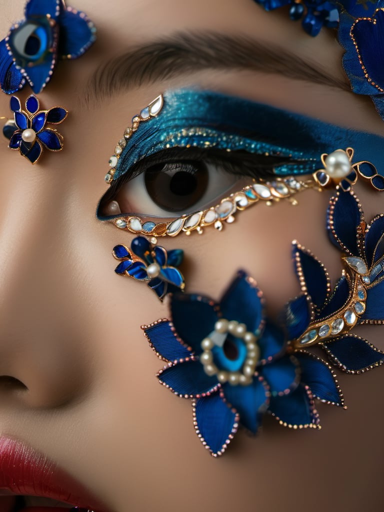 zhuangrong,peacock blue filigree,eye focus,solo,1girl,eyelashes,looking at viewer,dark skin,close-up,jewelry,blurry,gem,makeup,depth of field,dark-skinned female,<lora:xlgfzr:1>,