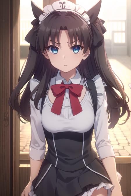 rintohsaka, <lora:rin tohsaka prisma s2s3-lora-nochekaiser:1>,rin tohsaka, long hair, black hair, two side up, aqua eyes, bow, hair bow,BREAK thighhighs, dress, frills, black thighhighs, zettai ryouiki, long sleeves, maid, maid headdress, red dress,BREAK outdoors, snow,BREAK looking at viewer, (cowboy shot:1.5), dynamic pose,BREAK <lyco:GoodHands-beta2:1>, (masterpiece:1.2), best quality, high resolution, unity 8k wallpaper, (illustration:0.8), (beautiful detailed eyes:1.6), extremely detailed face, perfect lighting, extremely detailed CG, (perfect hands, perfect anatomy),