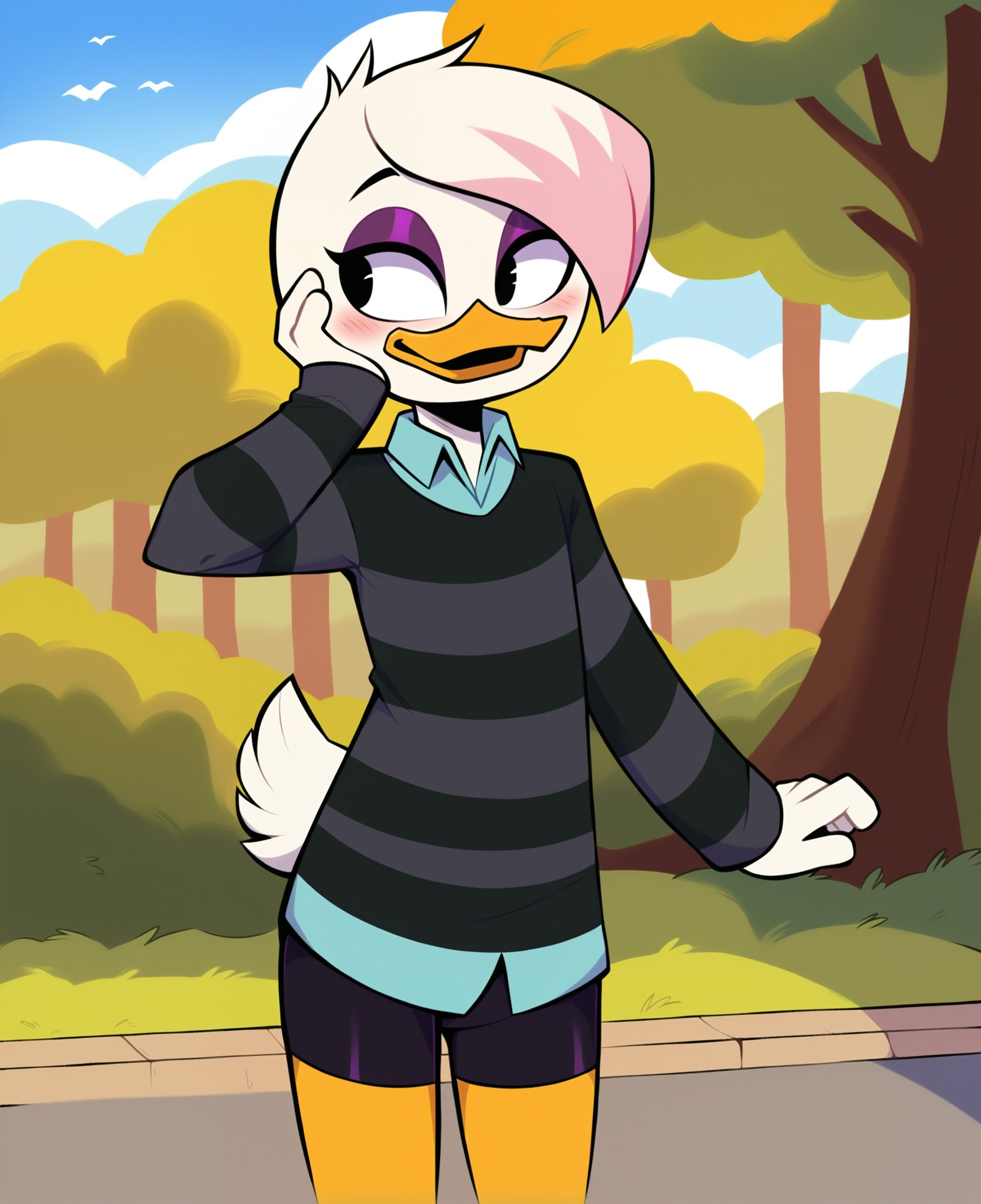 score_9, score_8_up, score_7_up, score_6_up, best quality, highres, source_furry, BREAKdrocll, BREAK1girl, female, solo, furry, outside, cloud, tree, park, duck, beak, lena sabrewing, young, child, white skin, white hair, pink highlights, short hair, black eyes, looking away, blush, open smile, blush, orange legs, purple eyeshadow, bottomless, dress shirt, dark clothing, striped sweater, long sleeves, hand on own face, bike shorts <lora:Lena_Sabrewing:1>