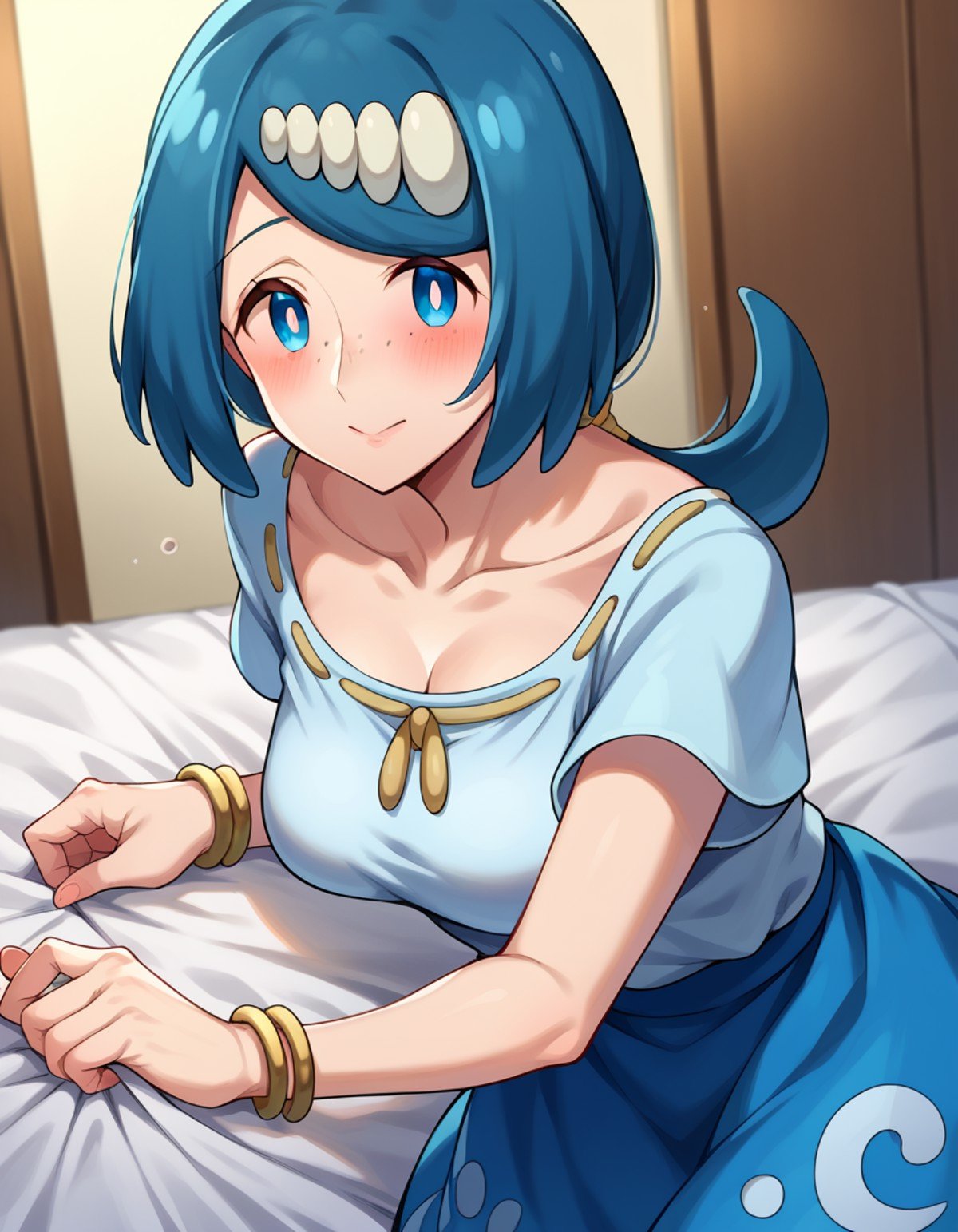 score_9, score_8_up, score_7_up, source_anime,pokemonmotherlana, <lora:pokemon-mother-lana-ponyxl-lora-nochekaiser:1>pokemonmotherlana, blue eyes, blue hair, freckles, hair ornament, long hair, swept bangs, bright pupils,blouse, blue skirt, bracelet, collarbone, dress, jewelry, long skirt, shirt, short sleeves, skirt, white shirt,indoors, bed, bed room, on side, blush, drunk,looking at viewer, cowboy shot, dutch angle,