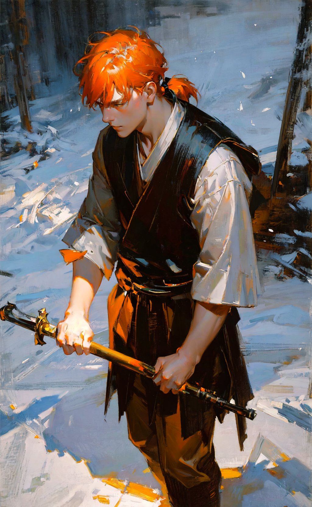 oil painting, Dean Cornwell, masterpiece, best quality, 1boy, samurai, short orange hair, ponytail, winter, snow, snowing, snowflakes, volumetric lighting, rim lighting