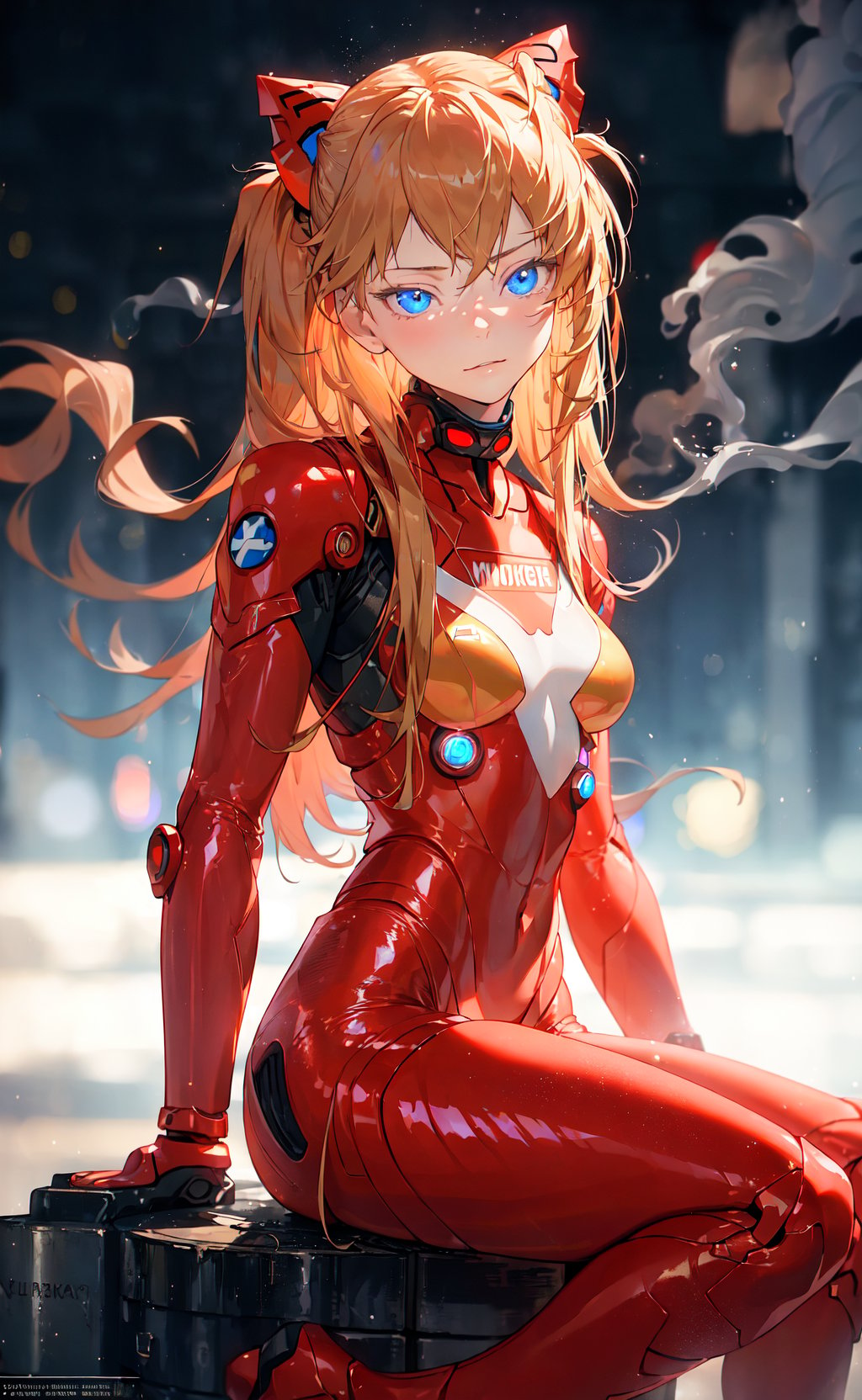 masterpiece, best quality, realistic, 1girl, souryuu asuka langley, plugsuit, blue eyes, smug, smirk, relaxed, dark, moody, smoke, glow, glowing, depth of field, bokeh, volumetric lighting