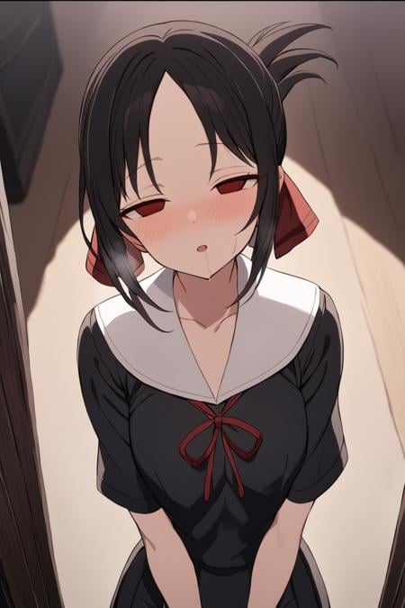 masterpiece, best quality, 1girl,   <lora:Shinomiya_XL:0.8>, shinomiya kaguya, red eyes, parted bangs, folded ponytail, shuuchiin academy school uniform, black hair, skirt, red ribbon, black school uniform, <lora:hypnotized_face2:0.9>, empty eyes, half-closed eyes, upper body, 